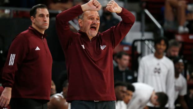 Dec 3, 2023; Starkville, Mississippi, USA; Mississippi State Bulldogs head coach Chris Jans reacts during the first half against the Southern Jaguars at Humphrey Coliseum. Mandatory Credit: Petre Thomas-USA TODAY Sports